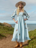 Load image into Gallery viewer, Jocelyn Puff Sleeve Fringe Dress - Light Prussian Blue/Multicolor Butterfly Embroidery