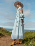 Load image into Gallery viewer, Jocelyn Puff Sleeve Fringe Dress - Light Prussian Blue/Multicolor Butterfly Embroidery