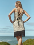 Load image into Gallery viewer, Avery Embroidered Fringe Mini Dress - Sand/Moonless Night Floral Outline Embroidery
