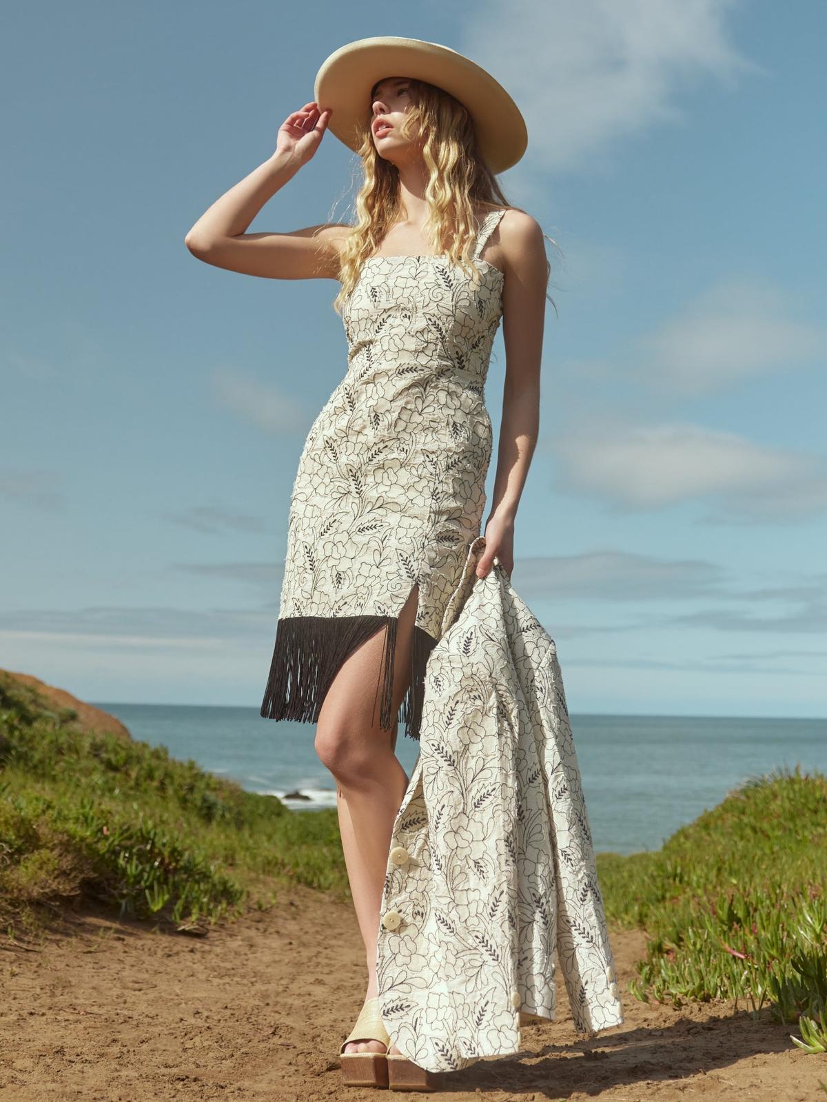 Avery Embroidered Fringe Mini Dress - Sand/Moonless Night Floral Outline Embroidery