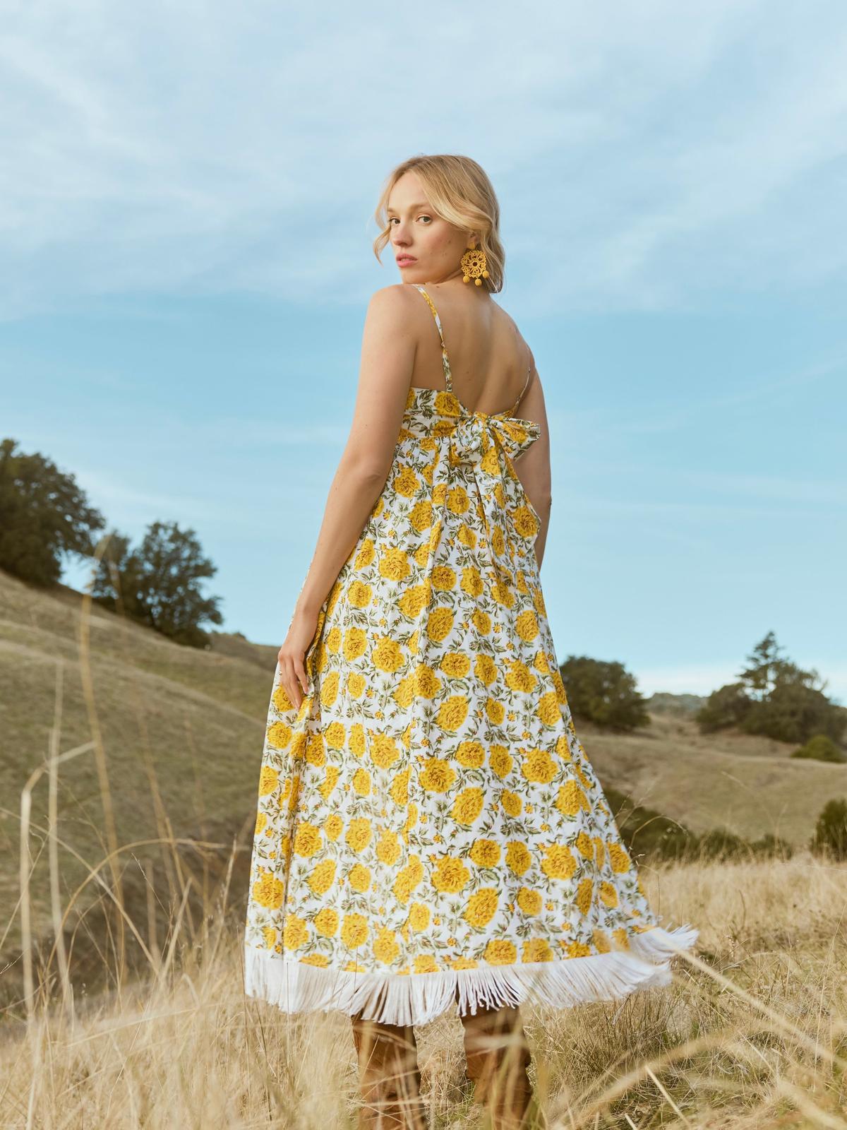 Gavin Fringe Midi Dress - Cream/Canary Floral print