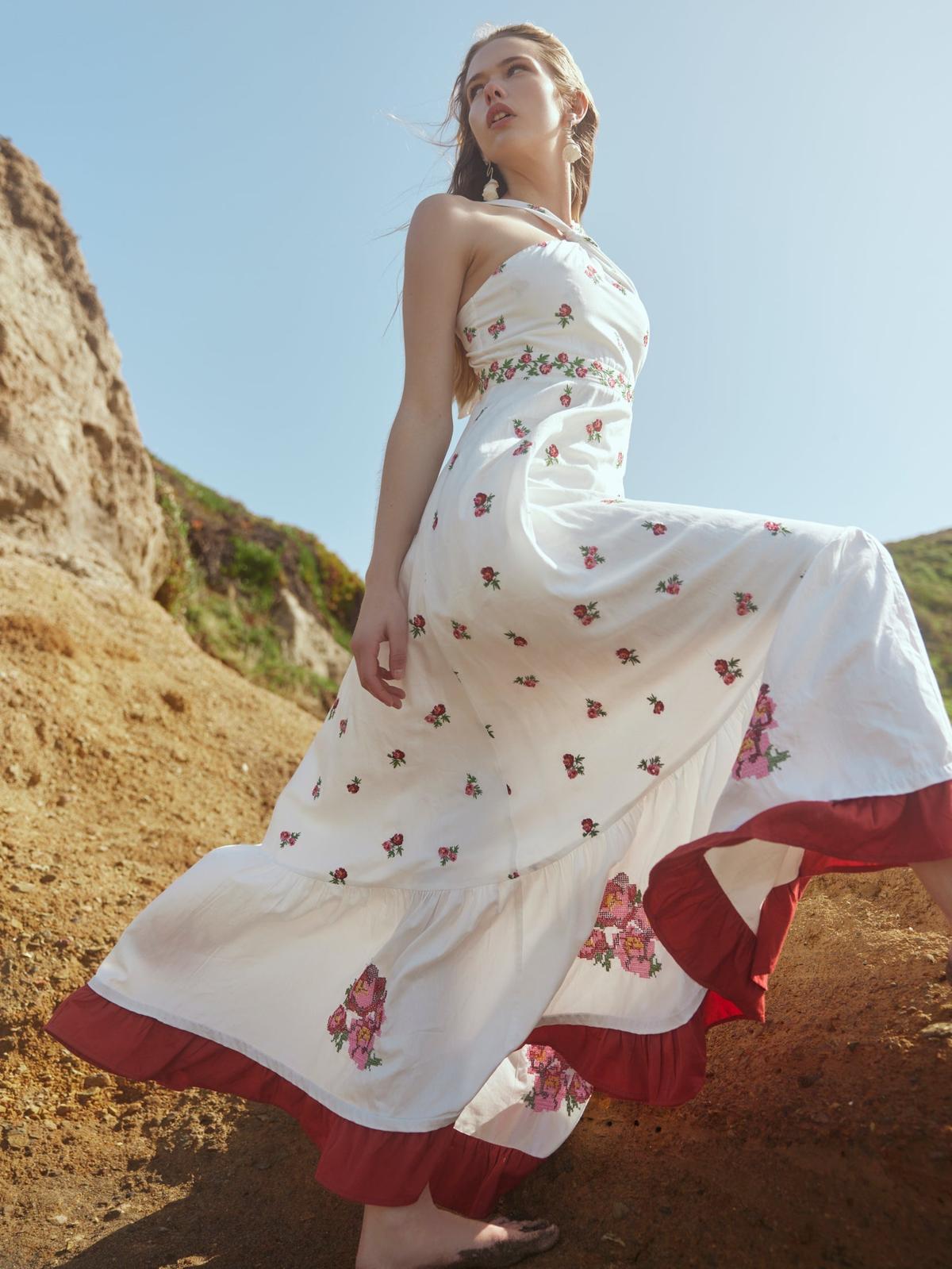 Isabel Dress - Sugar/Salsa Ditsy Floral/Salsa Floral Embroidery