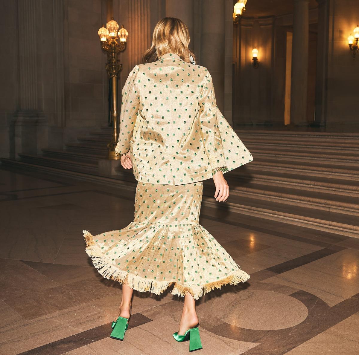 Desirae Embroidered Beaded Blazer - Light Gold/Mini Geometric Floral embroidery