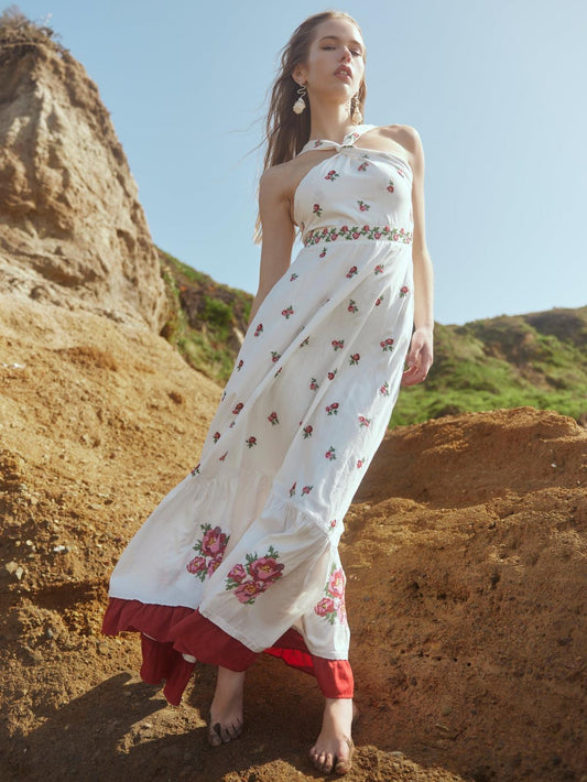 Isabel Dress - Sugar/Salsa Ditsy Floral/Salsa Floral Embroidery