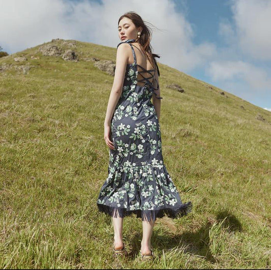 Desirae Embroidered Fringe Midi Dress - Dark Blueberry/Ivory Ditsy Floral Embroidery