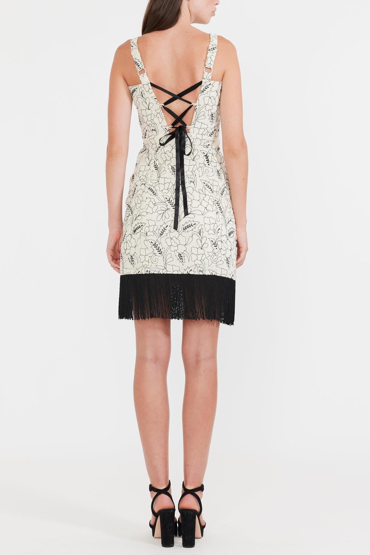 Avery Embroidered Fringe Mini Dress - Sand/Moonless Night Floral Outline Embroidery