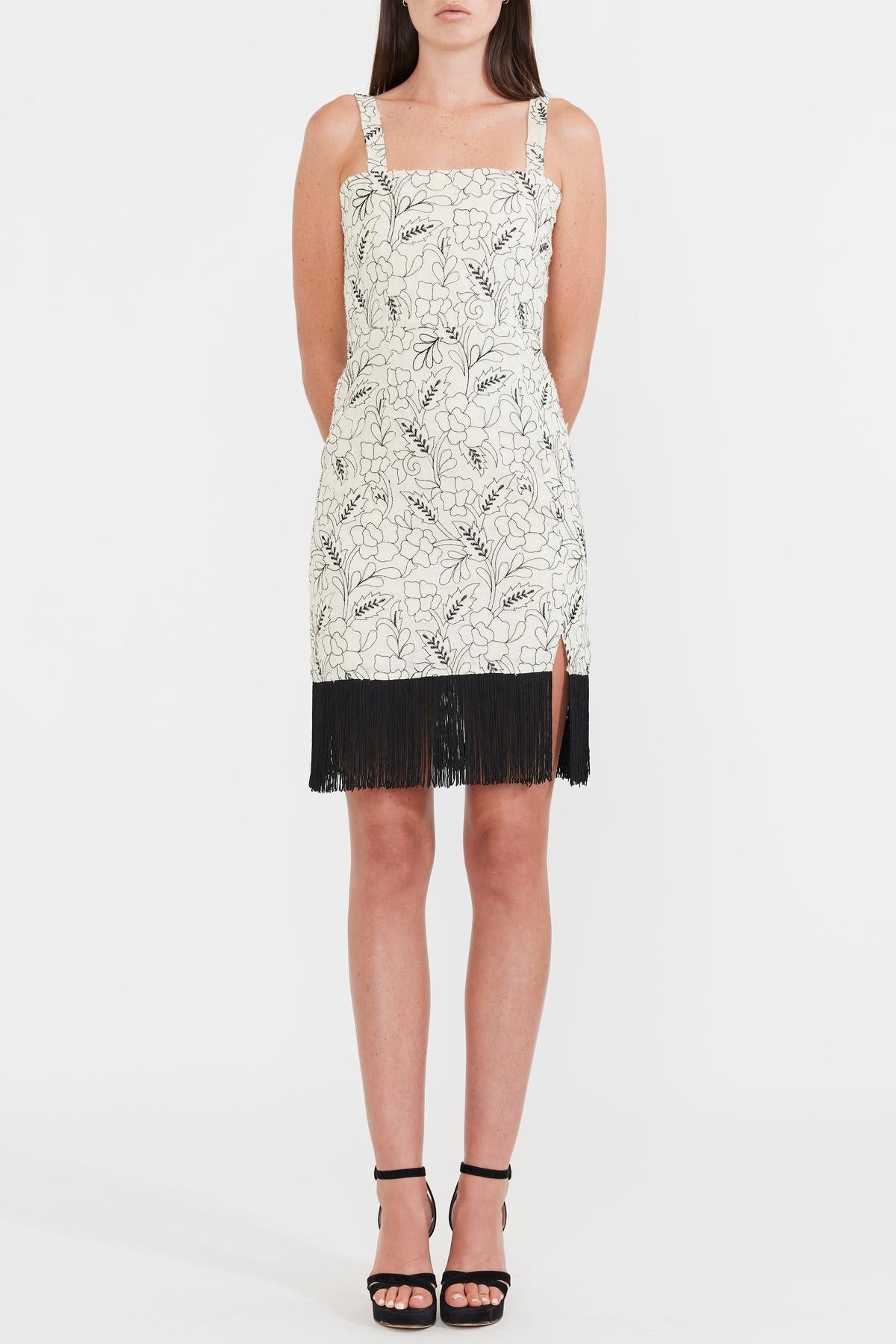 Avery Embroidered Fringe Mini Dress - Sand/Moonless Night Floral Outline Embroidery