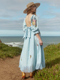 Load image into Gallery viewer, Jocelyn Puff Sleeve Fringe Dress - Light Prussian Blue/Multicolor Butterfly Embroidery
