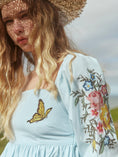 Load image into Gallery viewer, Jocelyn Puff Sleeve Fringe Dress - Light Prussian Blue/Multicolor Butterfly Embroidery
