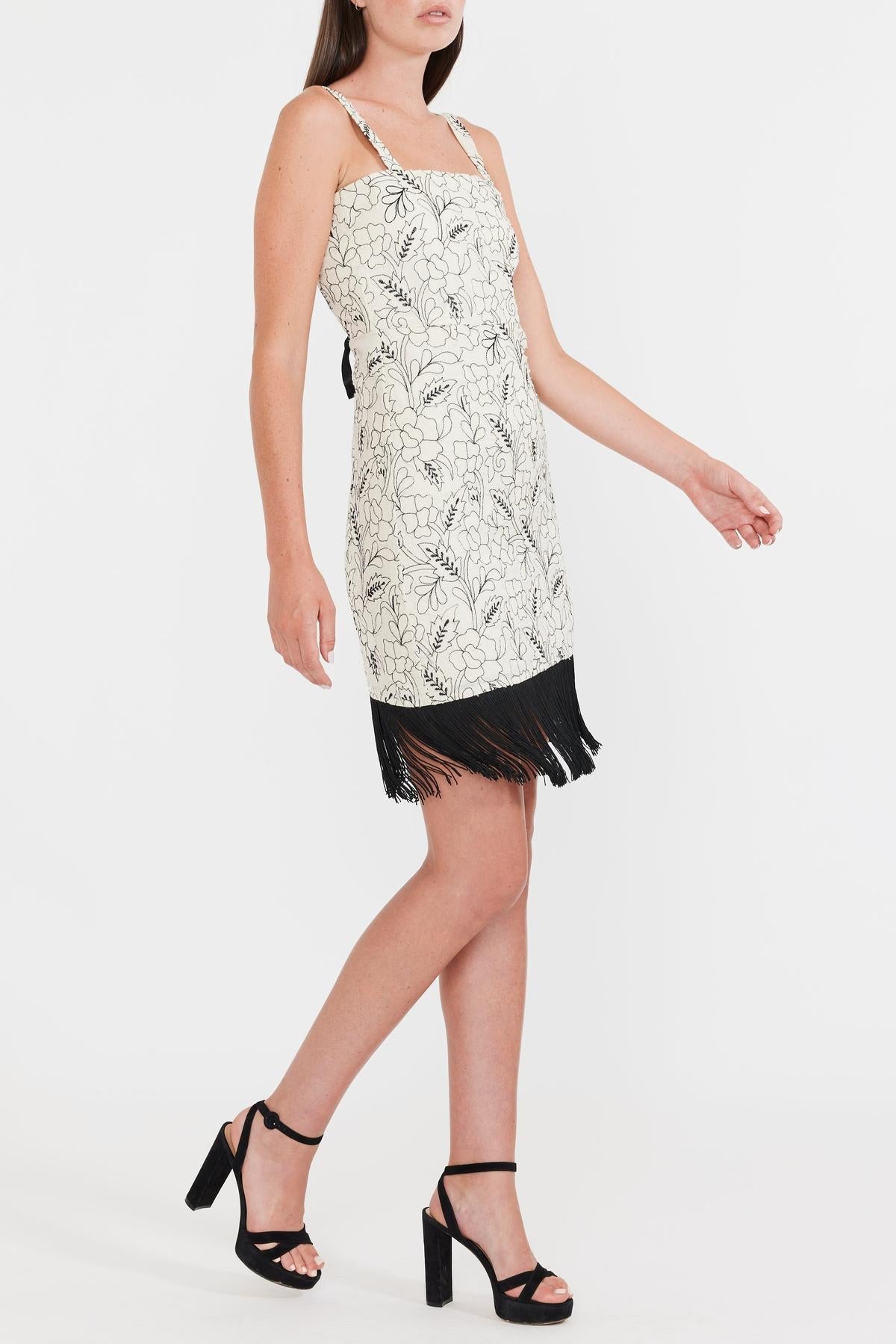 Avery Embroidered Fringe Mini Dress - Sand/Moonless Night Floral Outline Embroidery