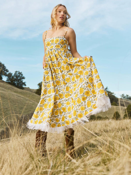 Gavin Fringe Midi Dress - Cream/Canary Floral print