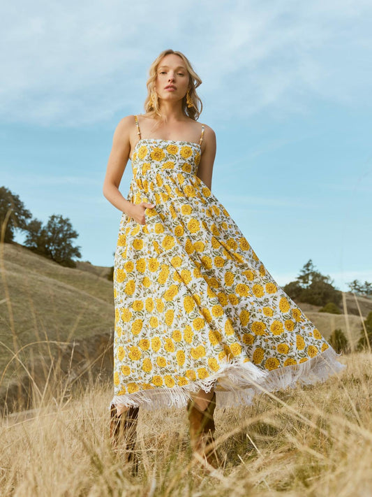 Gavin Fringe Midi Dress - Cream/Canary Floral print