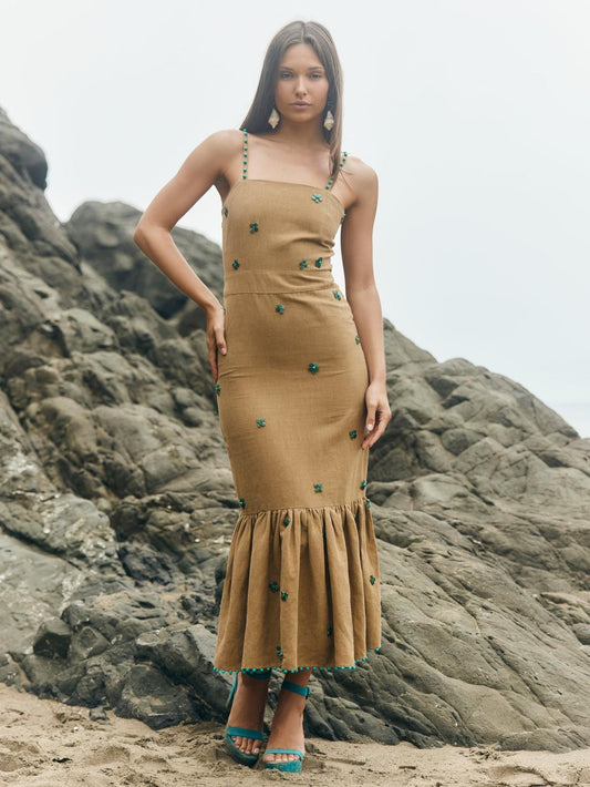 Desirae Midi Dress - Light Fawn & Emeralds