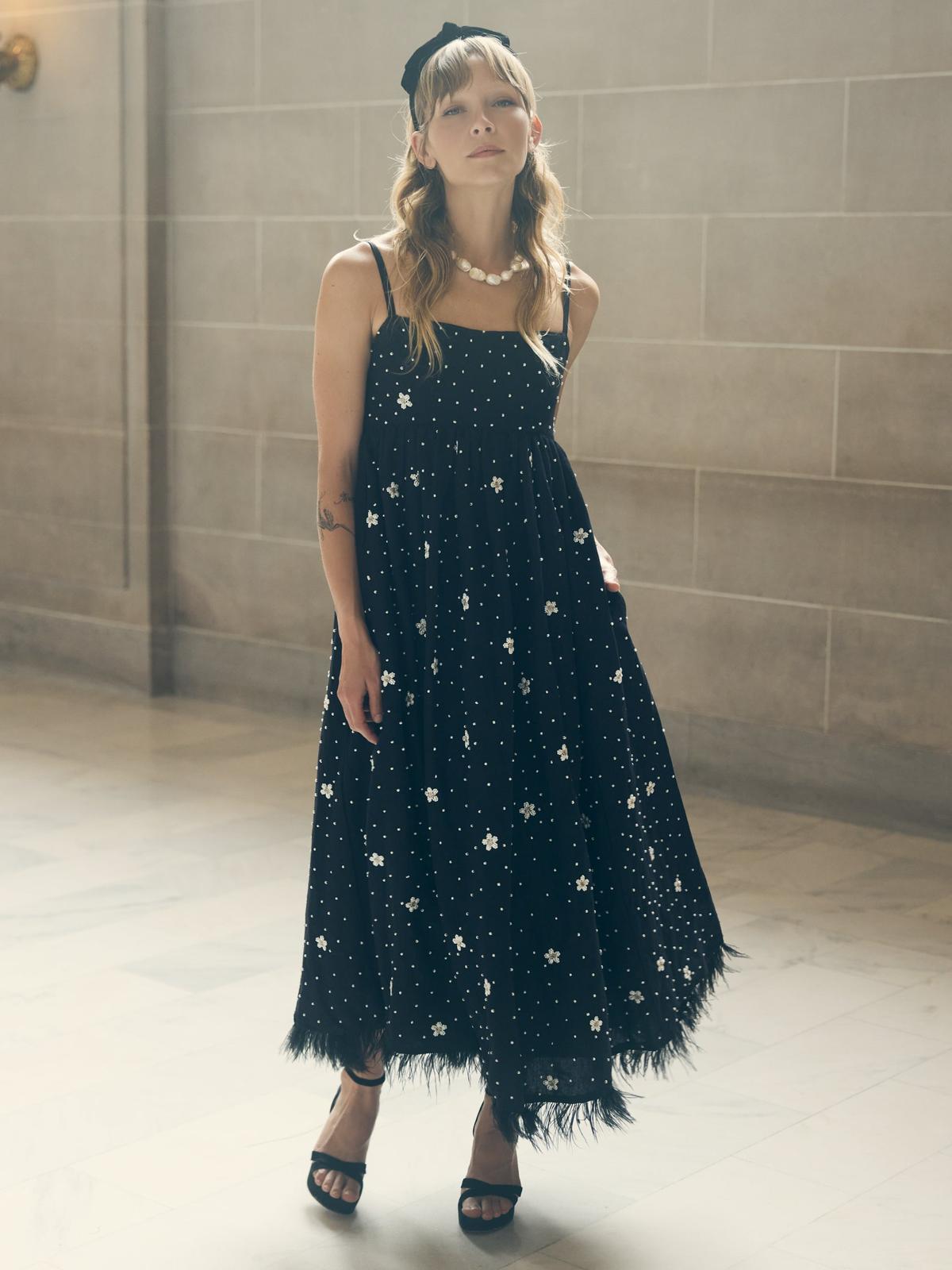 Gavin Beaded Midi Dress - Sable/Ivory Houndstooth