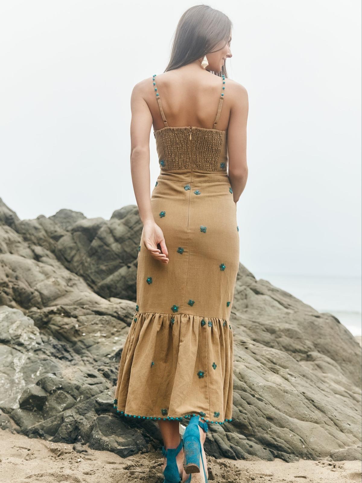 Desirae Midi Dress - Light Fawn & Emeralds