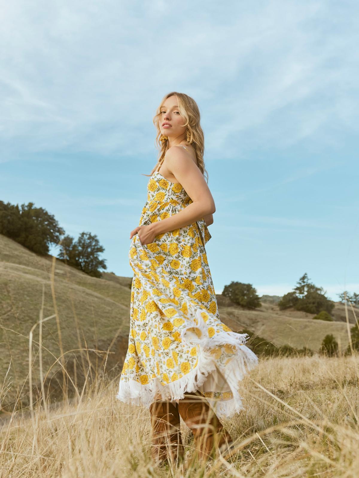 Gavin Fringe Midi Dress - Cream/Canary Floral print