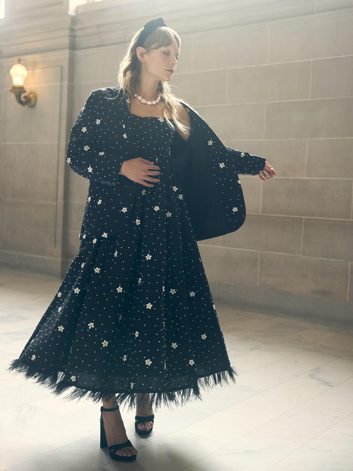 Gavin Beaded Midi Dress - Sable/Ivory Houndstooth