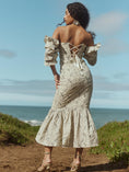 Load image into Gallery viewer, Maggie Embroidered Puff Sleeve Dress - Sand/Moonless Night Floral Outline Embroidery
